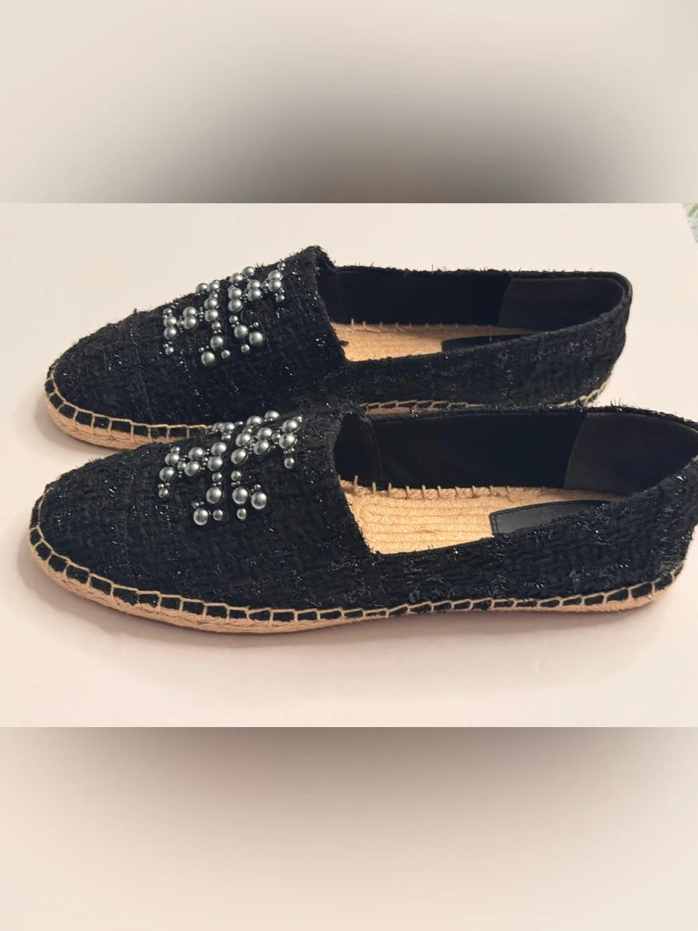 Tory Burch Pearl Logo Flat Willa Tweed Espadrilles